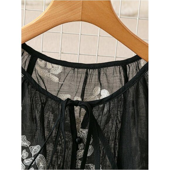 Women's Boho Peasant Blouses Floral Embroidered Tops Summer Sheer Tie Front Flow - Picture 3 of 5